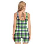 White Green And Blue Buffalo Plaid Print Sleeveless One Piece Swimsuit