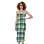 White Green And Blue Buffalo Plaid Print Slim Fit Midi Cami Dress