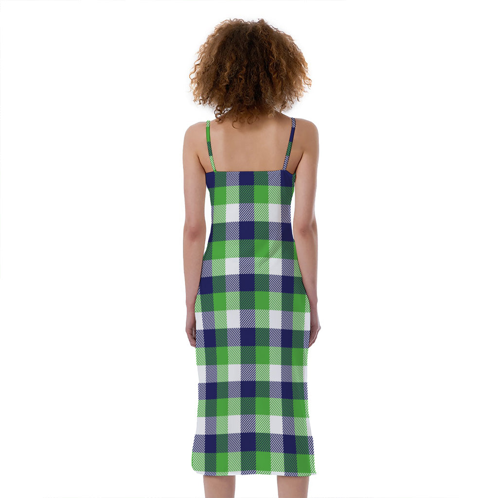 blue plaid cami dress White Green And Blue Buffalo Plaid Print Slim Fit Midi Cami Dress