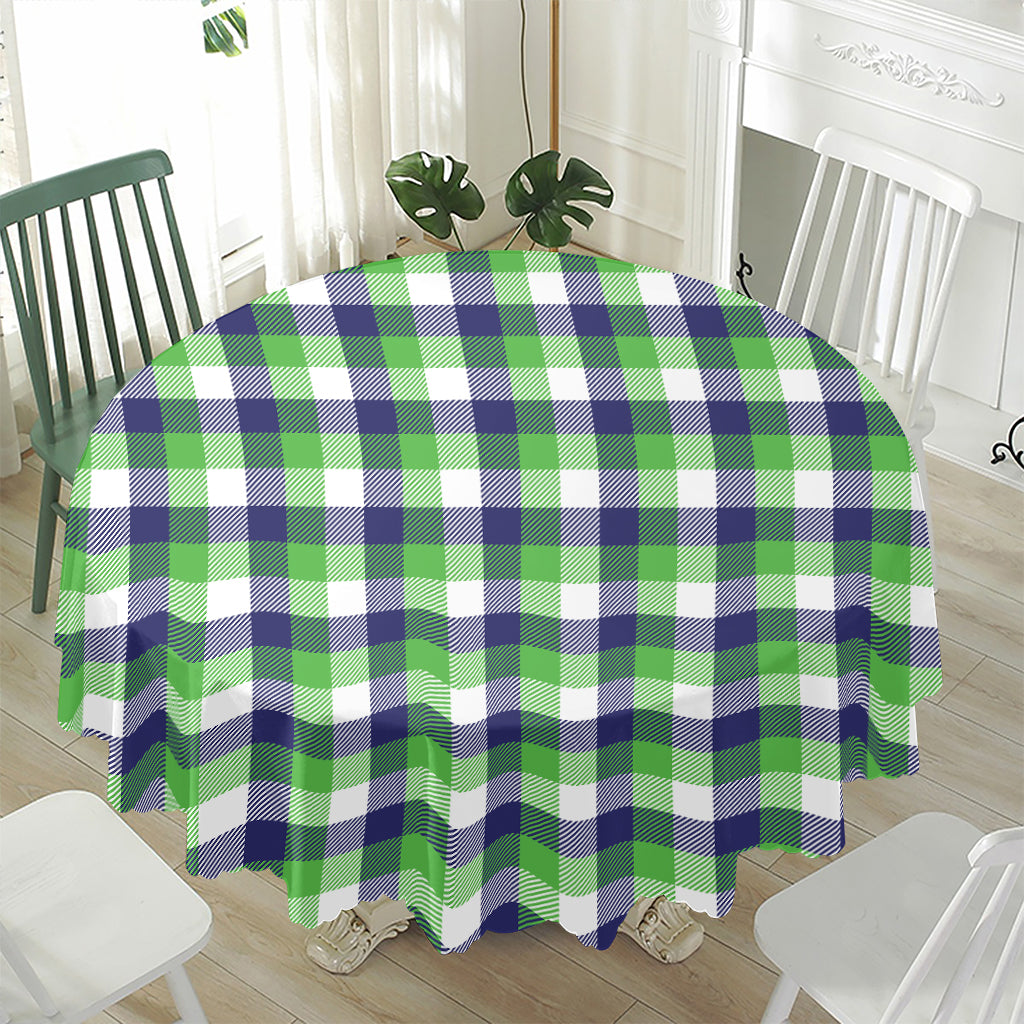 White Green And Blue Buffalo Plaid Print Waterproof Round Tablecloth