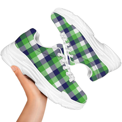 White Green And Blue Buffalo Plaid Print White Chunky Shoes