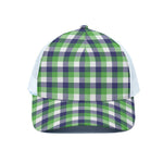 White Green And Blue Buffalo Plaid Print White Mesh Trucker Cap