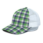 White Green And Blue Buffalo Plaid Print White Mesh Trucker Cap