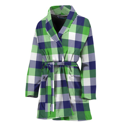 White Green And Blue Buffalo Plaid Print Women's Bathrobe