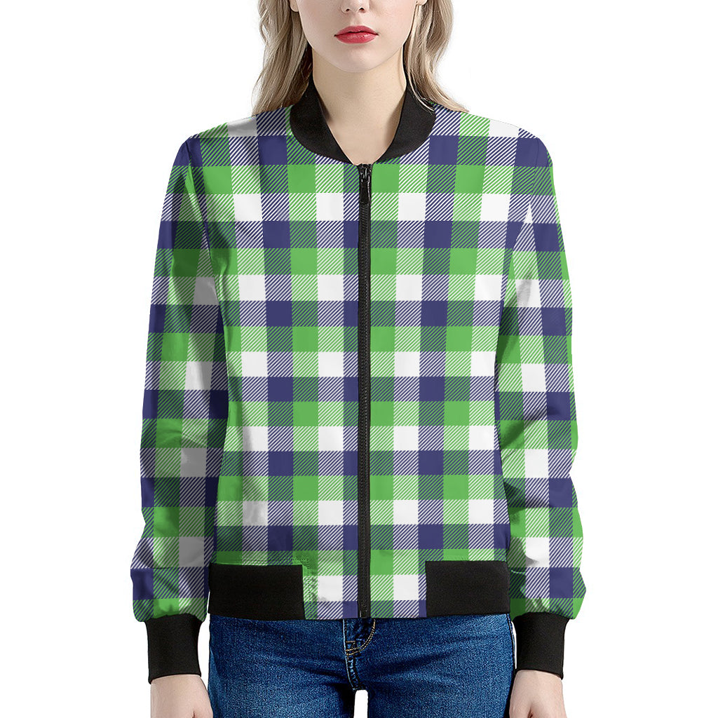 White Green And Blue Buffalo Plaid Print Women's Bomber Jacket