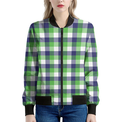 White Green And Blue Buffalo Plaid Print Women's Bomber Jacket