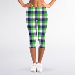 White Green And Blue Buffalo Plaid Print Women's Capri Leggings