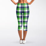 White Green And Blue Buffalo Plaid Print Women's Capri Leggings