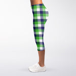 White Green And Blue Buffalo Plaid Print Women's Capri Leggings