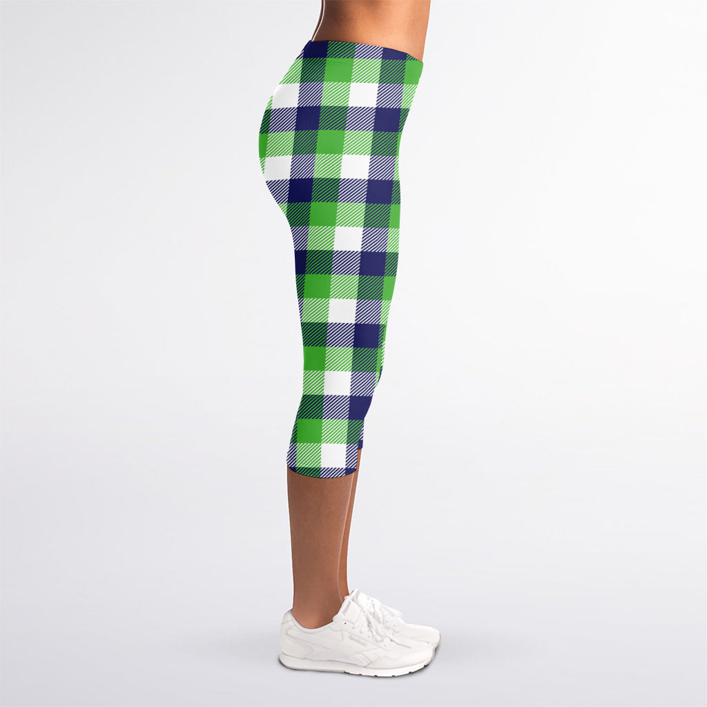 White Green And Blue Buffalo Plaid Print Women's Capri Leggings