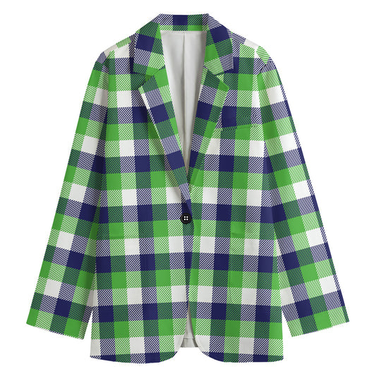White Green And Blue Buffalo Plaid Print Women's Cotton Blazer