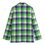 White Green And Blue Buffalo Plaid Print Women's Cotton Blazer