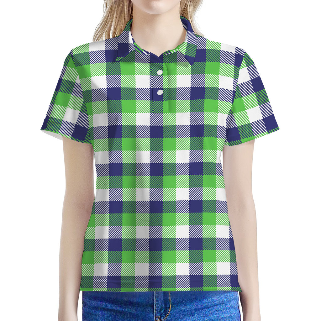 White Green And Blue Buffalo Plaid Print Women's Polo Shirt