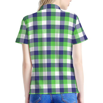 White Green And Blue Buffalo Plaid Print Women's Polo Shirt
