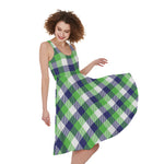 White Green And Blue Buffalo Plaid Print Women's Sleeveless Dress