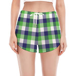 White Green And Blue Buffalo Plaid Print Women's Split Running Shorts