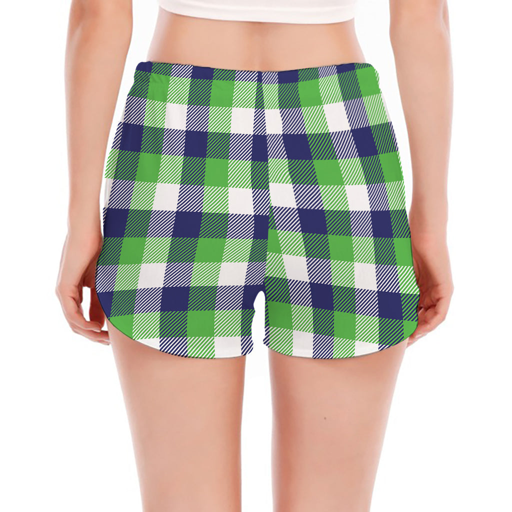 White Green And Blue Buffalo Plaid Print Women's Split Running Shorts