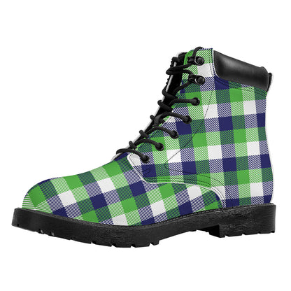 White Green And Blue Buffalo Plaid Print Work Boots