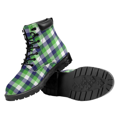 White Green And Blue Buffalo Plaid Print Work Boots