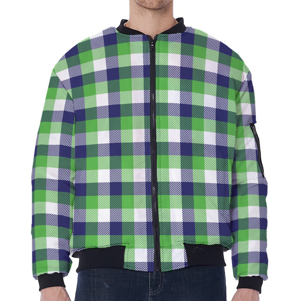 White Green And Blue Buffalo Plaid Print Zip Sleeve Bomber Jacket