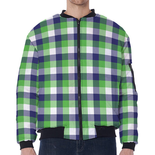 White Green And Blue Buffalo Plaid Print Zip Sleeve Bomber Jacket