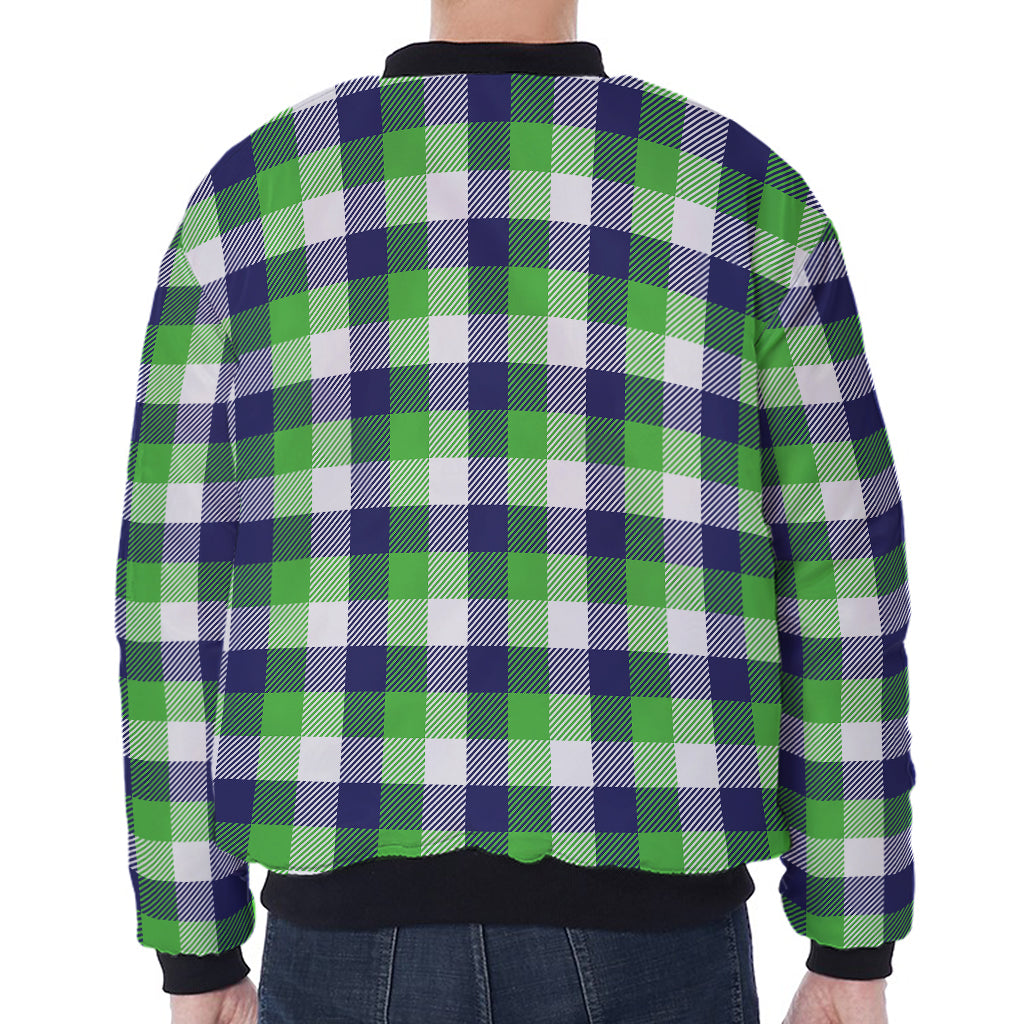 White Green And Blue Buffalo Plaid Print Zip Sleeve Bomber Jacket