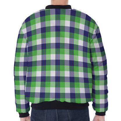 White Green And Blue Buffalo Plaid Print Zip Sleeve Bomber Jacket