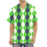 White Green And Navy Argyle Print Aloha Shirt