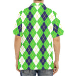 White Green And Navy Argyle Print Aloha Shirt
