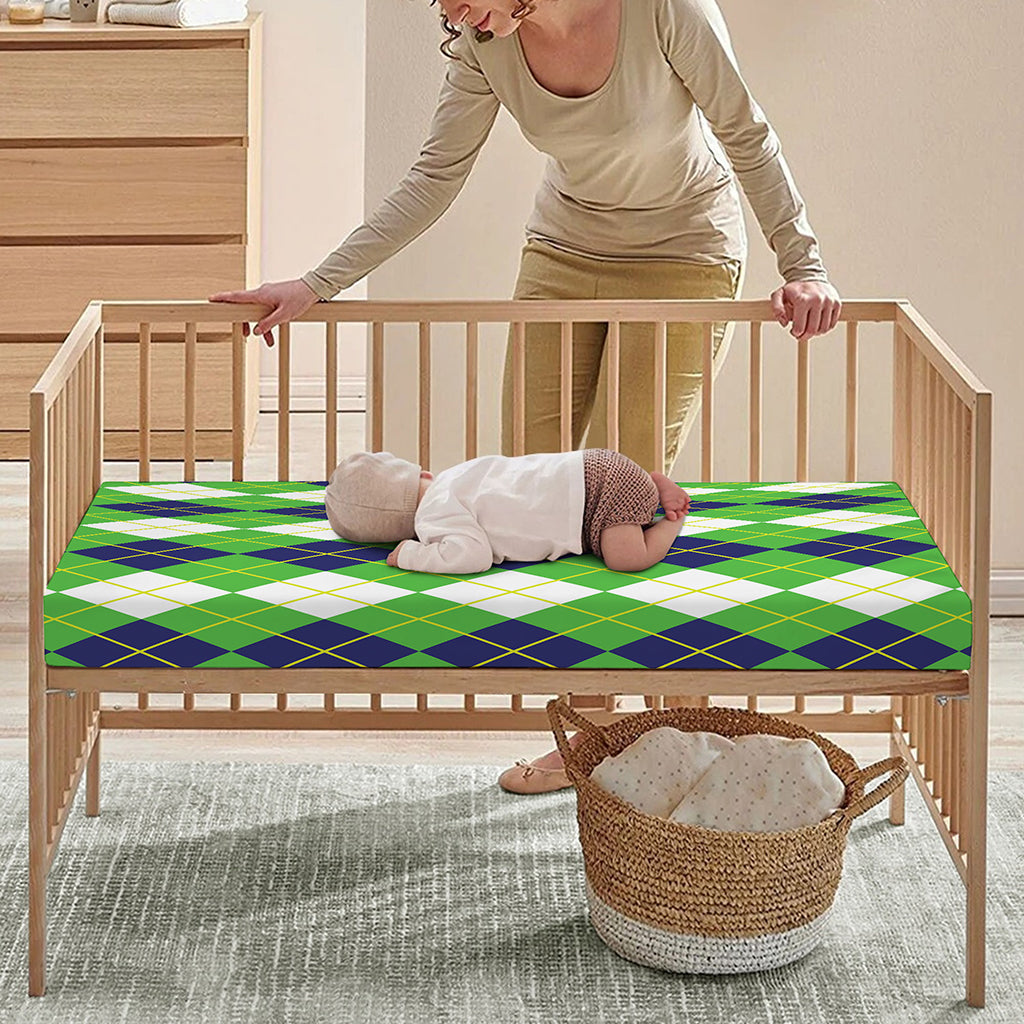White Green And Navy Argyle Print Baby Crib Sheet