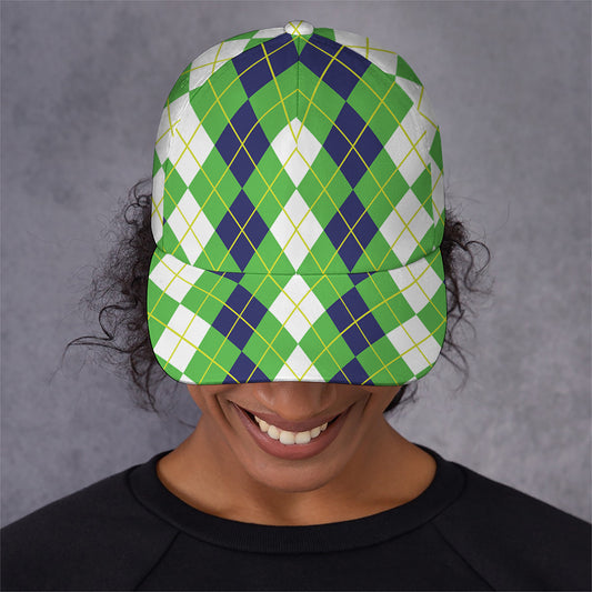 White Green And Navy Argyle Print Baseball Cap