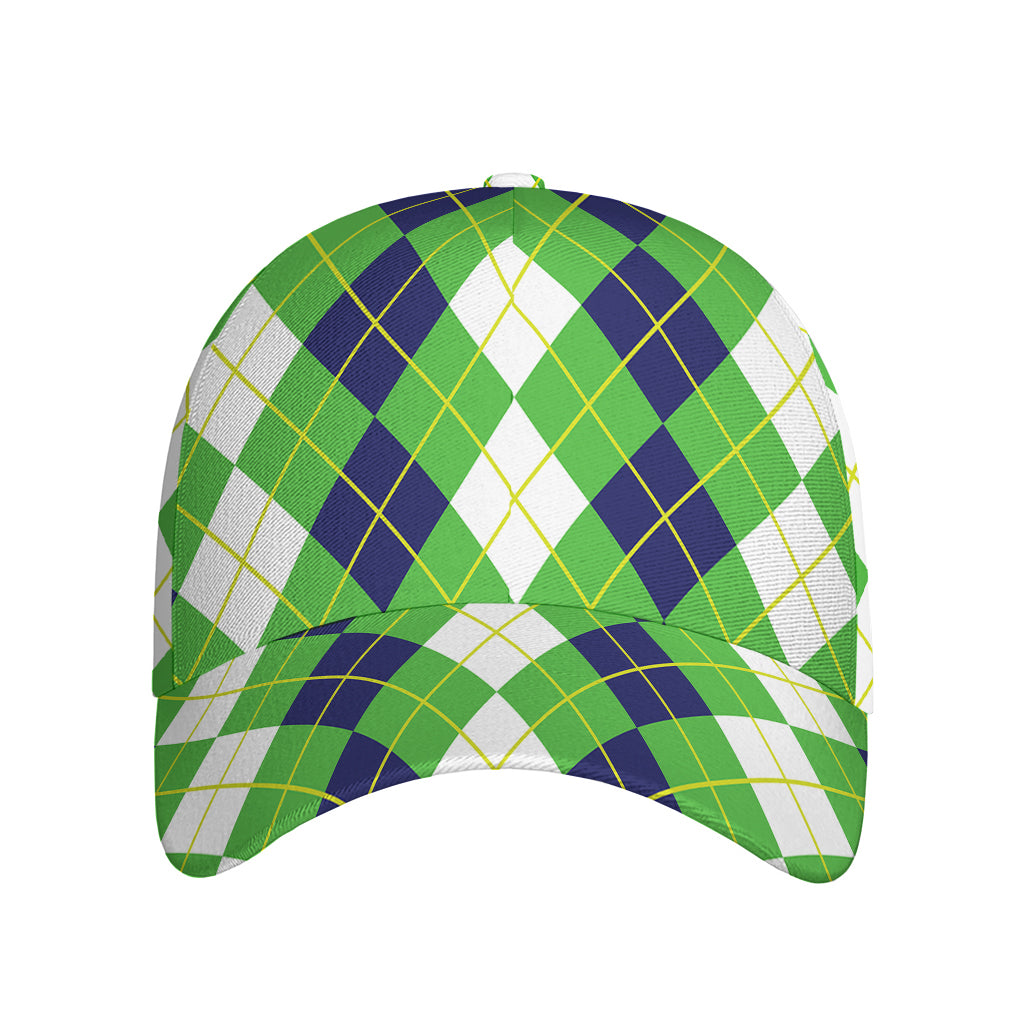 White Green And Navy Argyle Print Baseball Cap