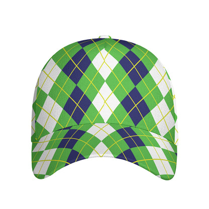 White Green And Navy Argyle Print Baseball Cap