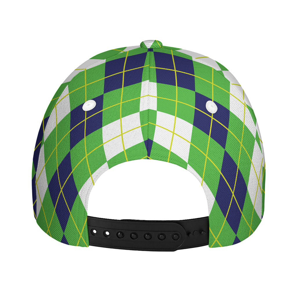 White Green And Navy Argyle Print Baseball Cap