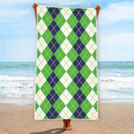 White Green And Navy Argyle Print Beach Towel