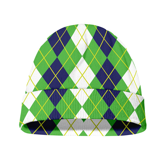 White Green And Navy Argyle Print Beanie