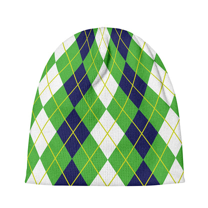 White Green And Navy Argyle Print Beanie