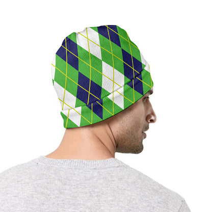 White Green And Navy Argyle Print Beanie