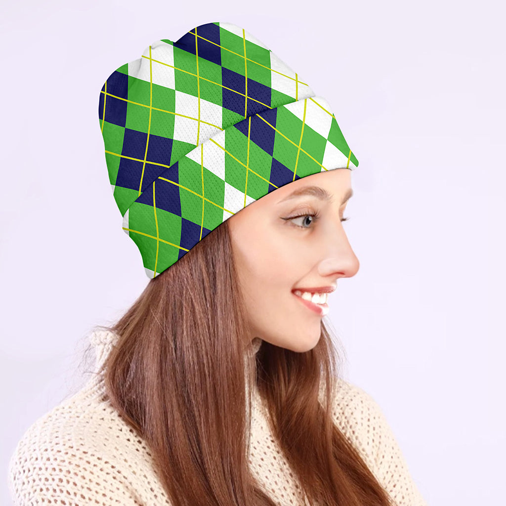 White Green And Navy Argyle Print Beanie