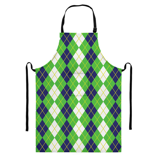 White Green And Navy Argyle Print Bib Apron With Pocket