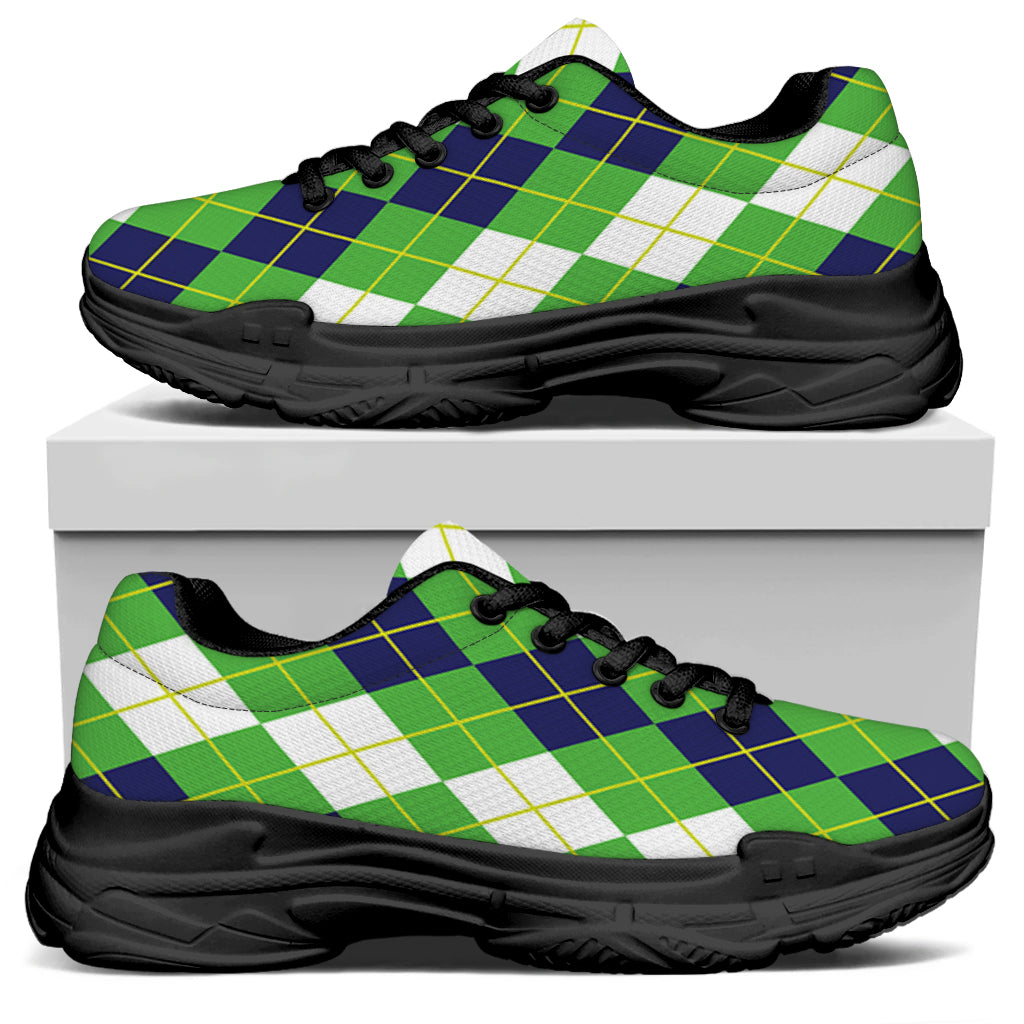 White Green And Navy Argyle Print Black Chunky Shoes