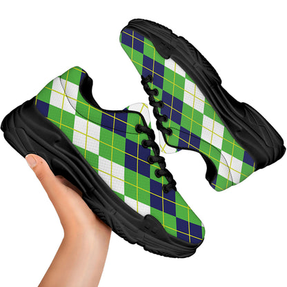 White Green And Navy Argyle Print Black Chunky Shoes