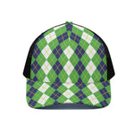 White Green And Navy Argyle Print Black Mesh Trucker Cap