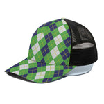 White Green And Navy Argyle Print Black Mesh Trucker Cap