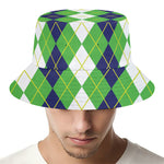 White Green And Navy Argyle Print Bucket Hat