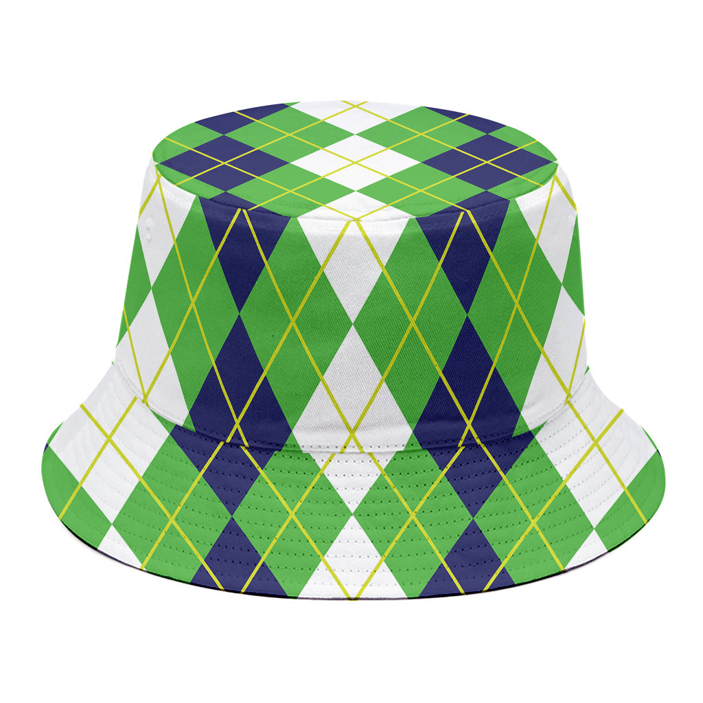 White Green And Navy Argyle Print Bucket Hat
