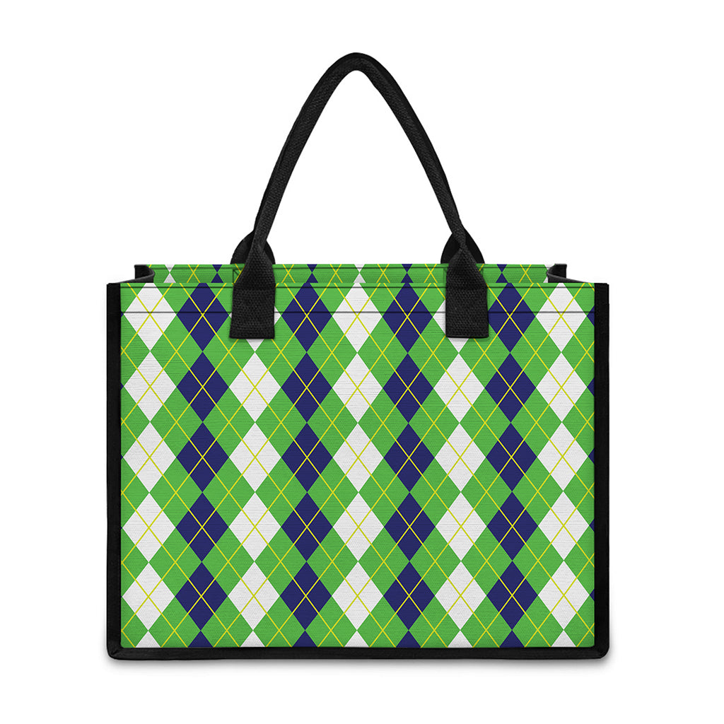 White Green And Navy Argyle Print Canvas Tote Bag