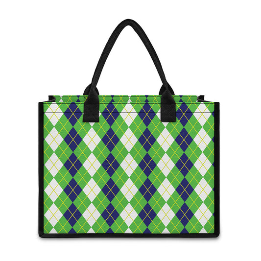 White Green And Navy Argyle Print Canvas Tote Bag