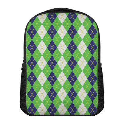 White Green And Navy Argyle Print Casual Backpack