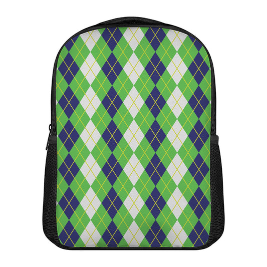 White Green And Navy Argyle Print Casual Backpack